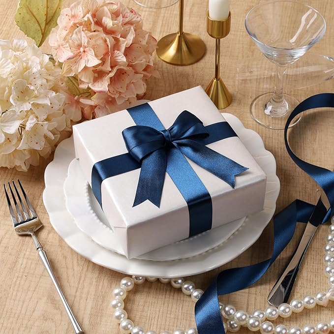 LaRibbons Navy Satin Ribbon 1 Inch 50 Yards Luxury Double Faced Blue Silk Ribbon for Flower Bouquet Crafts Gift Wrapping Wedding Bow Decoration