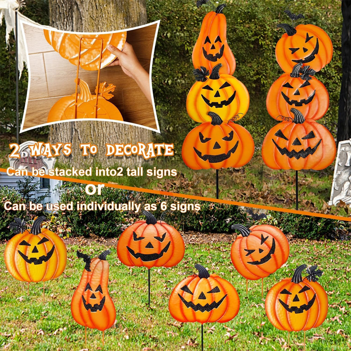 Juegoal 2 Pack Halloween Garden Stakes, Stacked Metal Pumpkins Jack-o-Lantern...