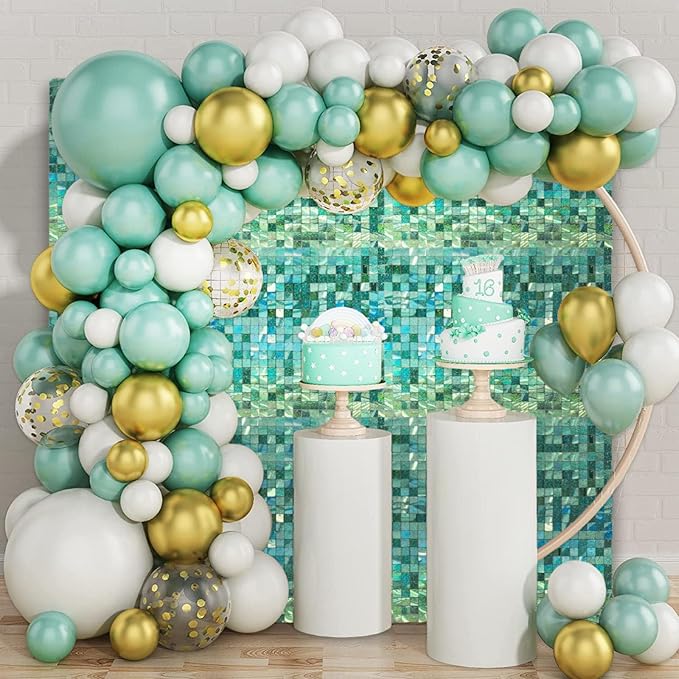 24PCS Light Green Shimmer Wall Backdrop, Laser Square Sequin Photo Backdrops Panel, Glitter Wall Background for Birthdays, Weddings, Christmas, Engagements, Disco Bachelorette Party Decor (4FTx6FT)