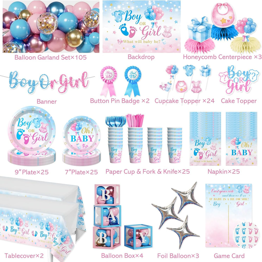 gender reveal decorations, all-in-one decor set for 25 shown in use