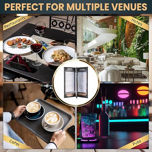 12 Pack 4 View Menu Holder Menu Covers 4.25" x 11" | Black Leather Menu Sleeves Book Style for Restaurant Coffee Bars Wine List