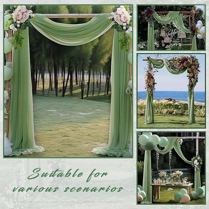 Wedding Arch Draping Fabric 4 Panels 20Ft length x 28" width Sage Green Arch Drapes Chiffon Fabric Sheer Curtains Backdrop for Party Bridal Decorations Wedding Ceremony Ceiling Stage Reception Decor