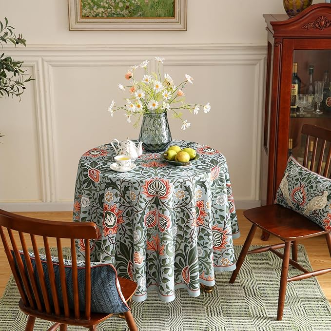 ISAENNE Designer Bohemian Linen Green Round Tablecloth,Floral Indoor Table Cloth,Stain Resistant Decor Tablecloths for Dining Thanksgiving Kitchen Party Christmas,Diameter 67"-Naples