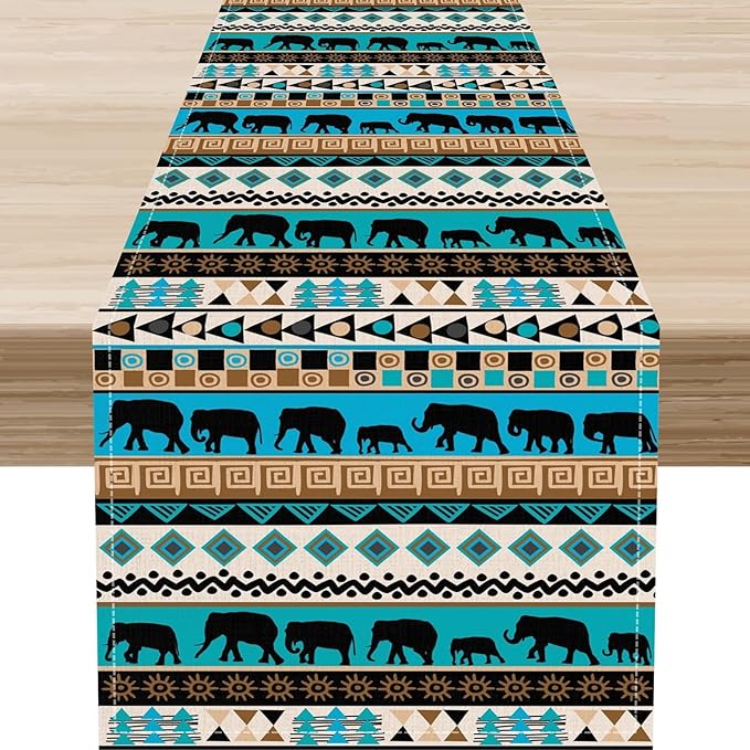 Boho Table Runner, Rustic Aztec Blue Teal African Elephant Tribal Ethnic Native Farmhouse Table Center Decor for Home Kitchen Dining Patio Holiday Party Indoor Outdoor Table Decorations, 13"x72" Inch