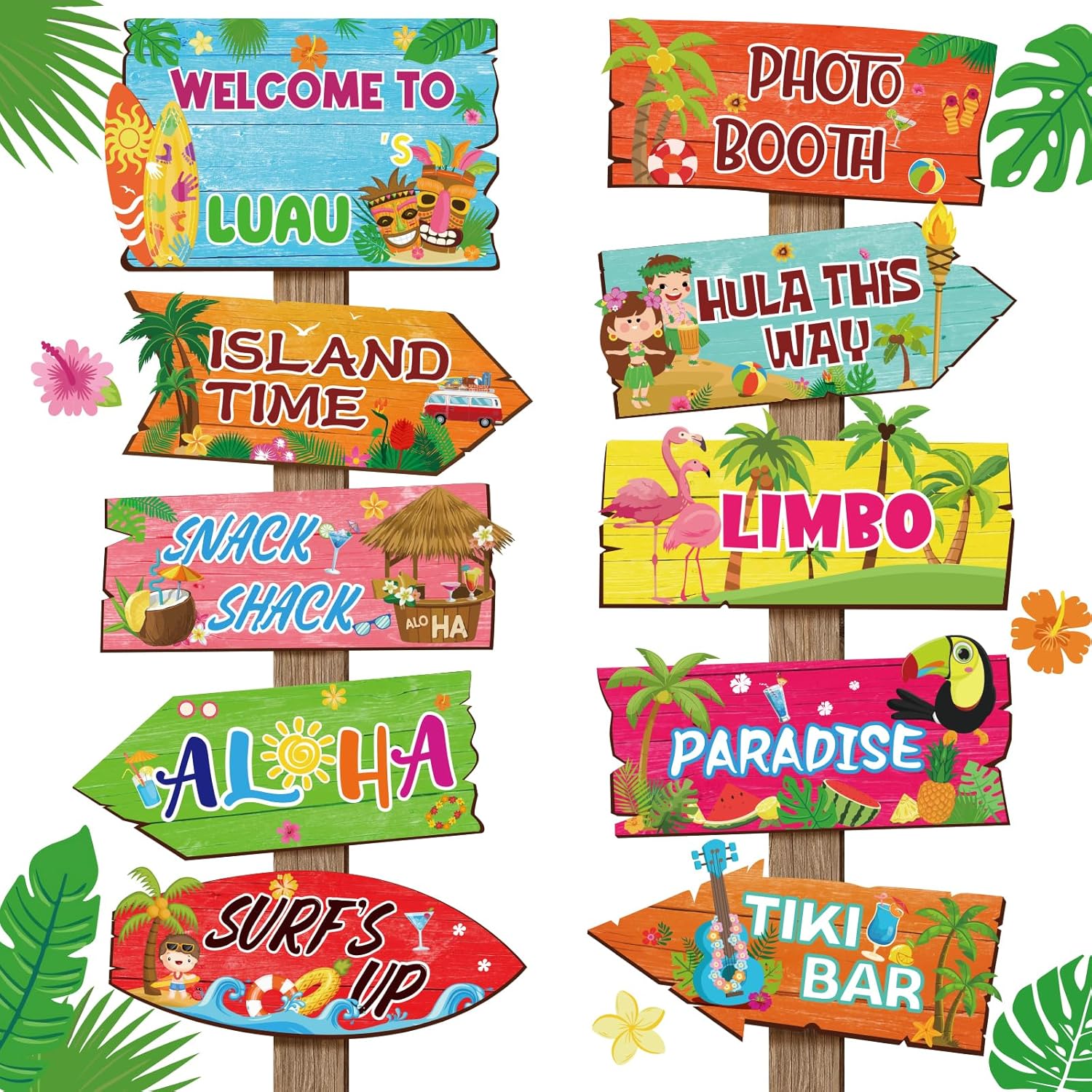 20 Pieces Luau Party Decorations Hawaiian Party Welcome Sign Summer Tropical Party Direction Signs for Fiesta Hawaiian Luau Tiki Themed Birthday Wedding Party Supplies with 2 Sheet Stickers
