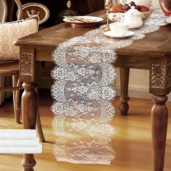 3 Pcs White Lace Table Runners 14 x 120 Inch Boho Rose Embroidered Floral Vintage Rustic Table Decoration for Wedding Party Bridal Shower Decorations