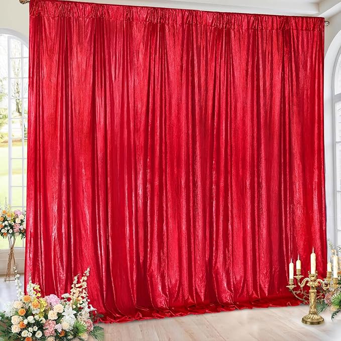 Christmas Backdrop Curtains Glitter Fabric - 4.8x8FT 4 Panels Red Background for Baby Shower Birthday Photography Decoration (19.2x8FT)