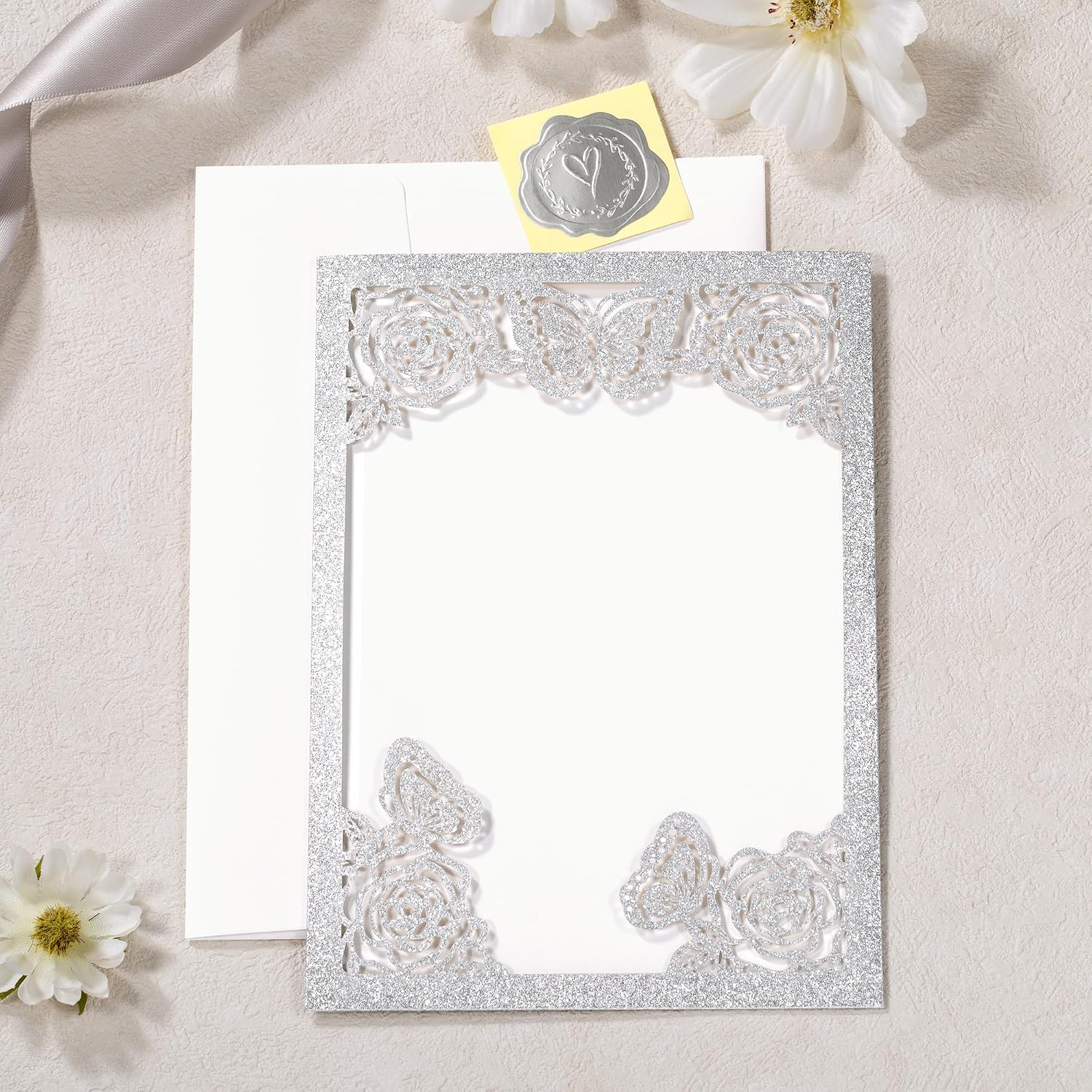 DORIS HOME 50Pcs Glitter Silver Butterfly Quinceanera Invitations, 5" x 7" | Laser Cut, For Quinceanera, Sweet 16, Miss XV, No Inserts Included
