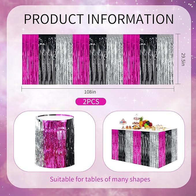 BEISHIDA 2 Pack Hot Pink Black Silver Table Skirts Party Decorations Metallic Tinsel Foil Fringe Table Skirts for Hot Girls Mouse Theme Birthday Holiday Party
