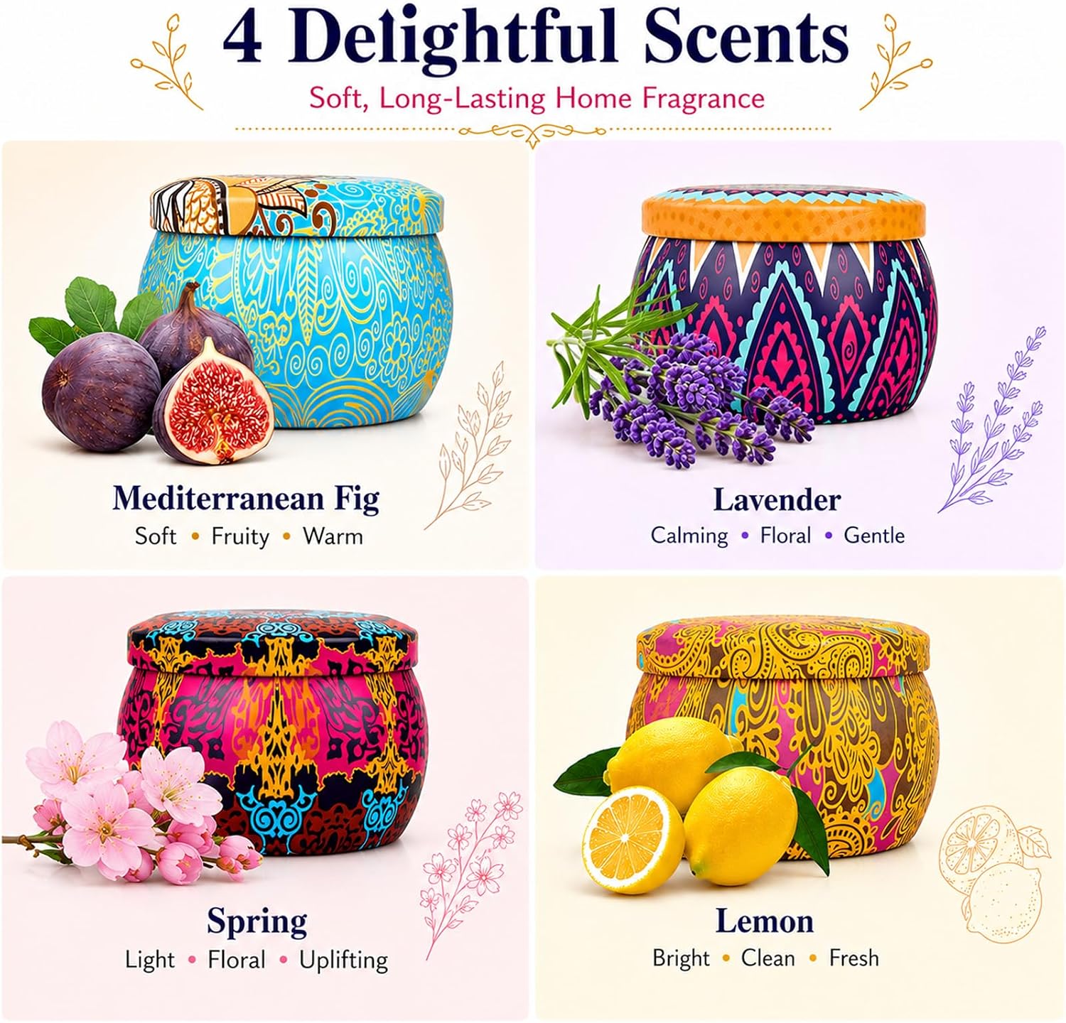 Scented Candles Gift Set for Women, 4 Pack Soy Wax Candles in Classic Bohemian Tins, Aromatherapy Candle Set, Birthday Gifts for Mom, Thank You Gifts