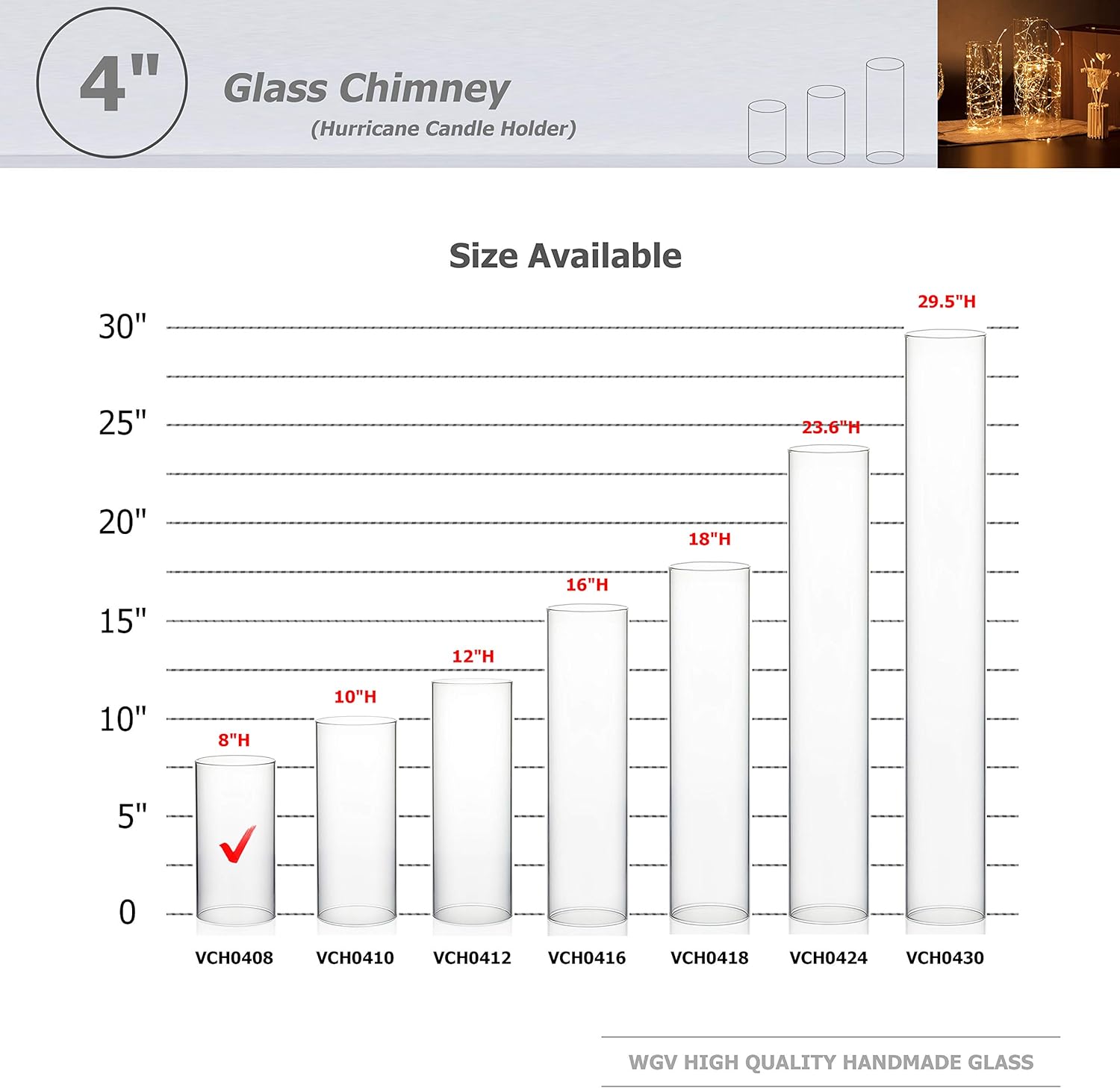 WGVI Hurricane Candle Holder Sleeve, Wide 4", Height 8", Clear Glass Cylinder Candleholder, Chimney Tube, Open Ended Candle Shade, 1 Piece