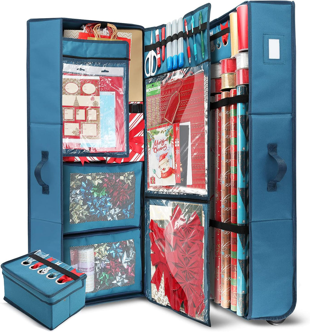Hearth & Harbor Wrapping Paper Storage Container with Ribbon Dispenser and Interior Pockets - Large Christmas Storage Containers with Wheels, Fits 30 Rolls of 40" Length, Blue