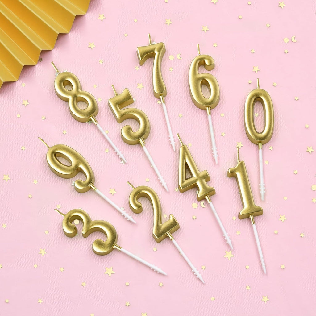 PHD CAKE 10-Pieces Gold Numeral Birthday Candles, Cake Numeral Candles Number 0-9 Glitter Cake Topper Decoration for Birthday,Wedding Anniversary,Party Celebration