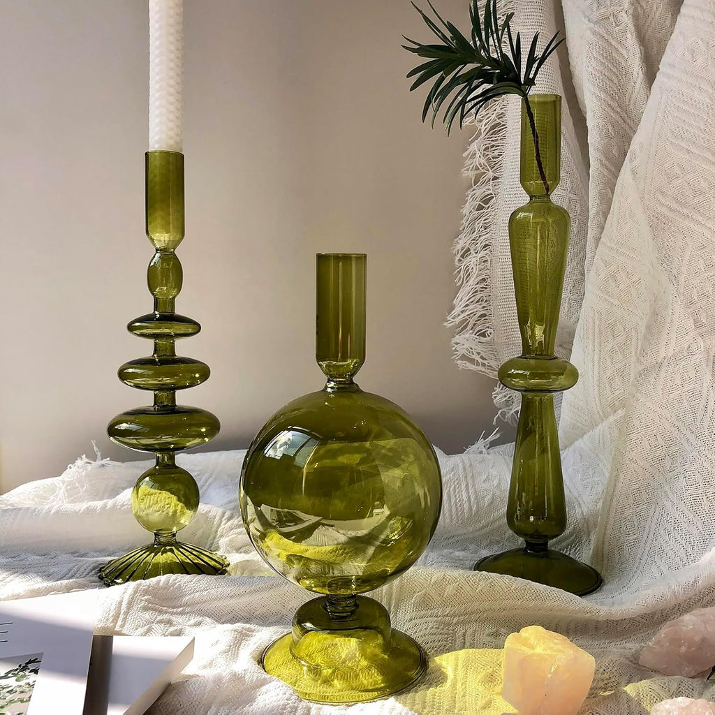 Candle Stick Candle Holder, Glass Candle Holders for Table Centerpiece, Modern Style Green Candle Holder Mixed 4pcs