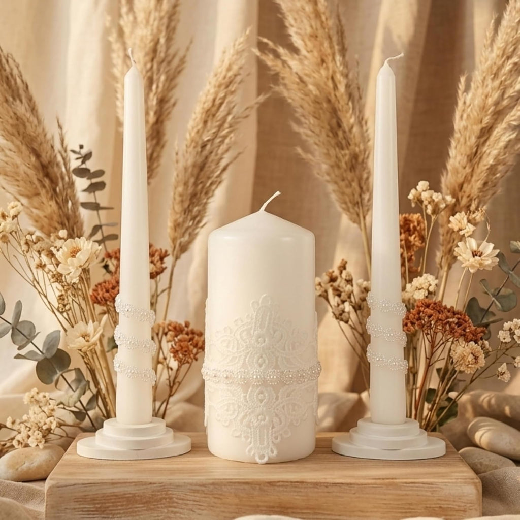 Unity Candle Set - Wedding Ceremony & Reception – 6” Pillar & Two 10” Taper Candles – Long Burning Unity Candles for Marriage Ritual – Handmade in USA – White | Lace