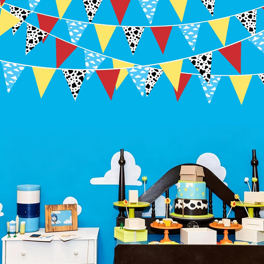 32Ft Cartoon Story Party Decorations Red Blue Yellow Toy Themed Story Fabric Banner Cloud and Cow Print Triangle Pennant Flag Garland Streamers for Birthday Outdoor Garden Decor Supplies