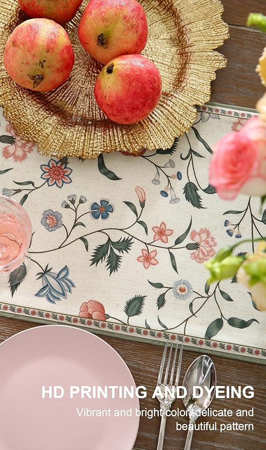 ISAENNE Designer Chinoiserie Elegant Linen Floral Extra Long Table Runner 118 Inches,White Wrinkle Resistant Table Runners for Dining Tables,Thanksgiving,Kitchen Tables,Christmas,12"*118"-Daffy A