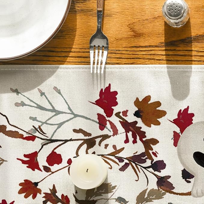 Artoid Mode Ghost Flowers Leaves 210 GSM Halloween Table Runner,Seasonal Fall Kitchen Dining Table Decoration for Home Party Decor 13x108 Inch