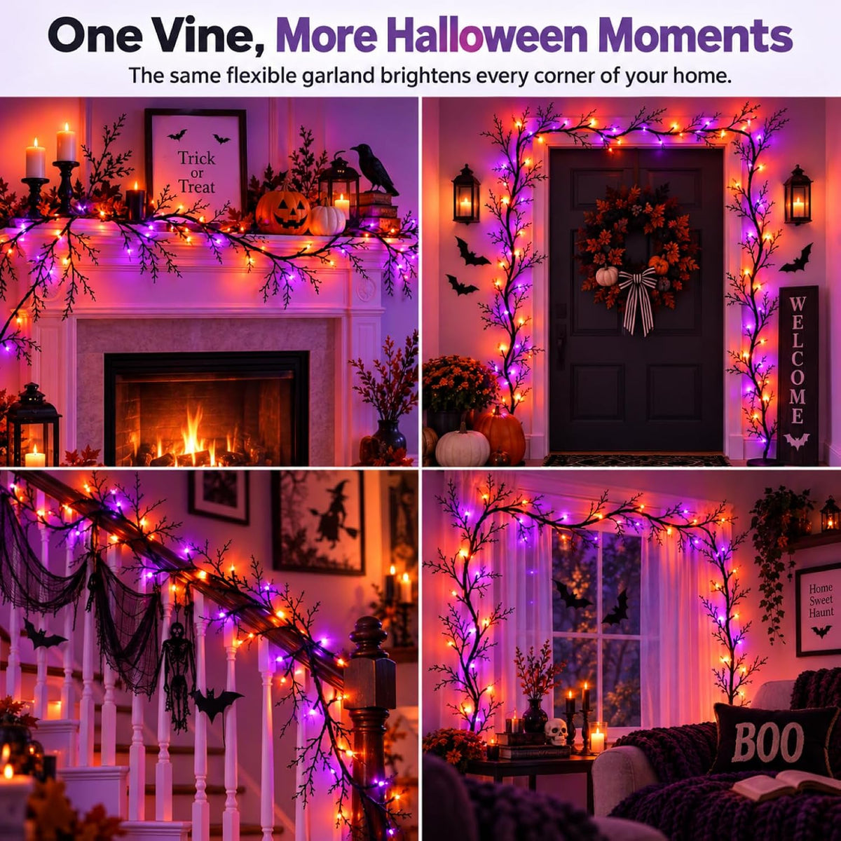 Halloween Garland with Orange & Purple Lights, 9 FT Bendable Black Branch