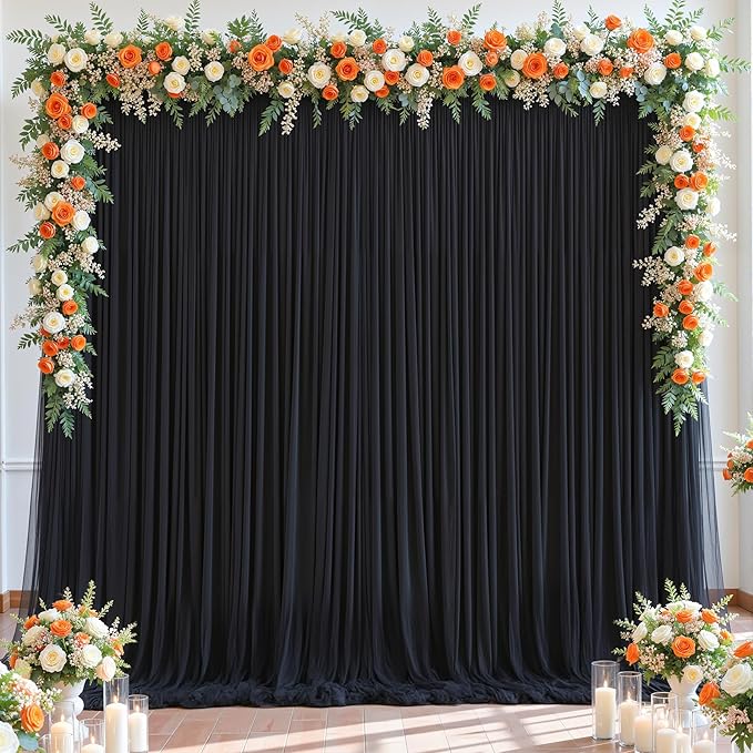 Black Tulle Backdrop Curtain for Parties Wedding,5ft x 10ft Wrinkle Free Curtain Backdrop,2 Layer Drapes for Backdrop,Polyester Wedding Back Drop for Bridal Shower Birthday Baby Shower Photography