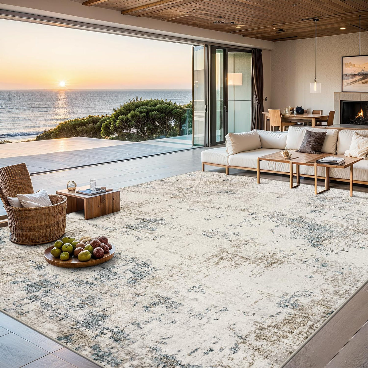 8x10 Area Rug Living Room: Modern Abstract Washable Carpet Beige