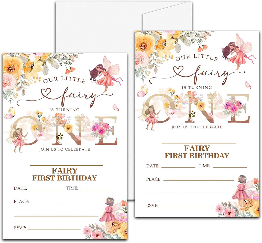 Fairy 1st Birthday Party Invitation, Garden Fairy Themed Fill-In Invites, 20 Floral Invitations With Envelopes for Women (4" X 6"), Adults Butterfly Party Favors Decorations and Supplies -56