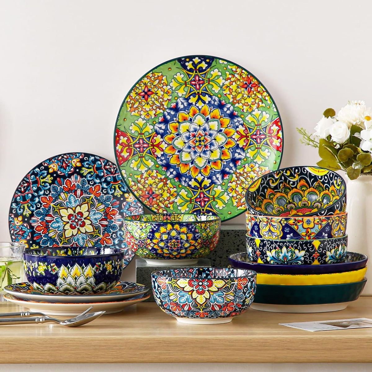 vancasso SIMI 28 oz Cereal Bowls Set of 6, Bohemian Ceramic Soup Bowls