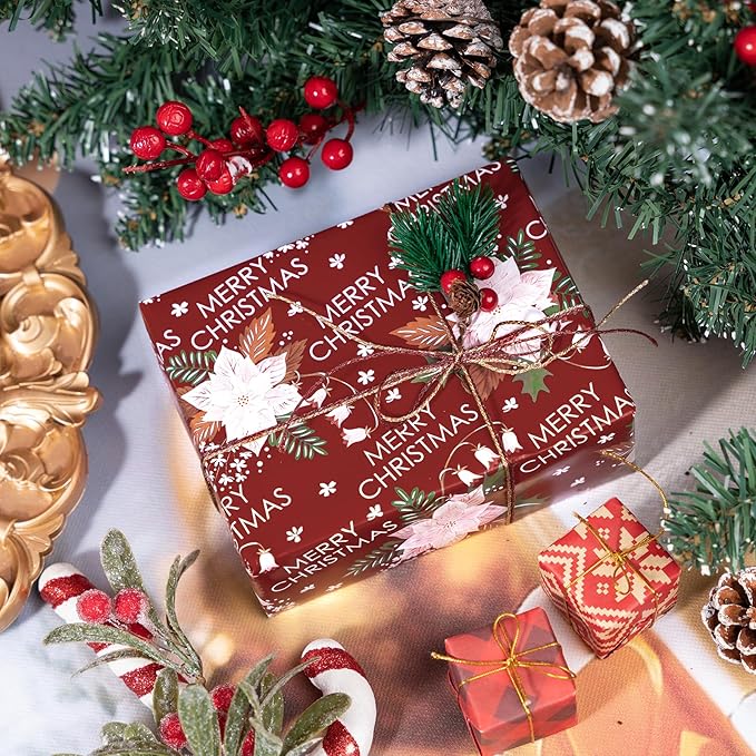 LeZakaa Christmas Wrapping Paper Roll - Red Flower & Merry Christmas Letter Pattern for Holiday, Party - 17 inches x 32.8 Feet (46.45 sq.ft.)