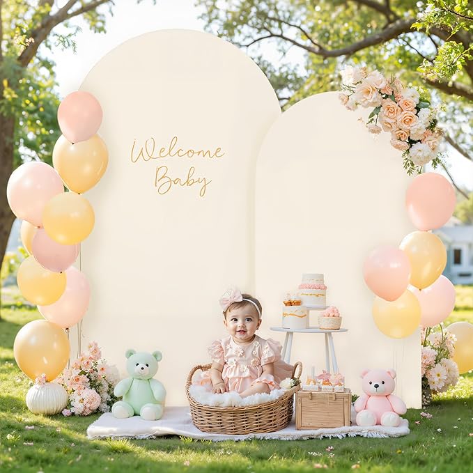 7.2FT 6FT Arch Backdrop Cover for Wedding, Set of 2 Stretchy Spandex Fitted Arch Stand Cover for Baby Shower, Birthday Party Decor, Chiara Backdrop Cover with Double-Sided Design(Beige)