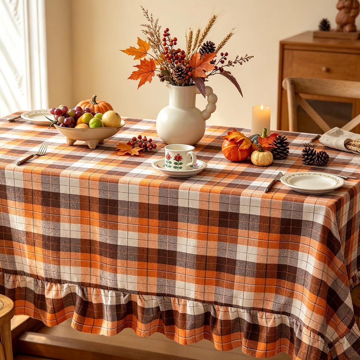 Joyfol Day Thanksgiving Ruffled Tablecloth, Orange Brown Tartan Plaid Vintage...