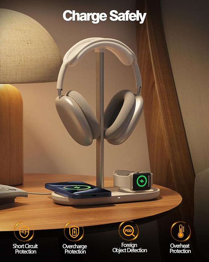 Universal Headphone Stand, Magnetic Wireless Charger for iPhones/AirPods/iWatch, Aluminum Alloy Rod, Leather Pad, ABS Solid Base, White