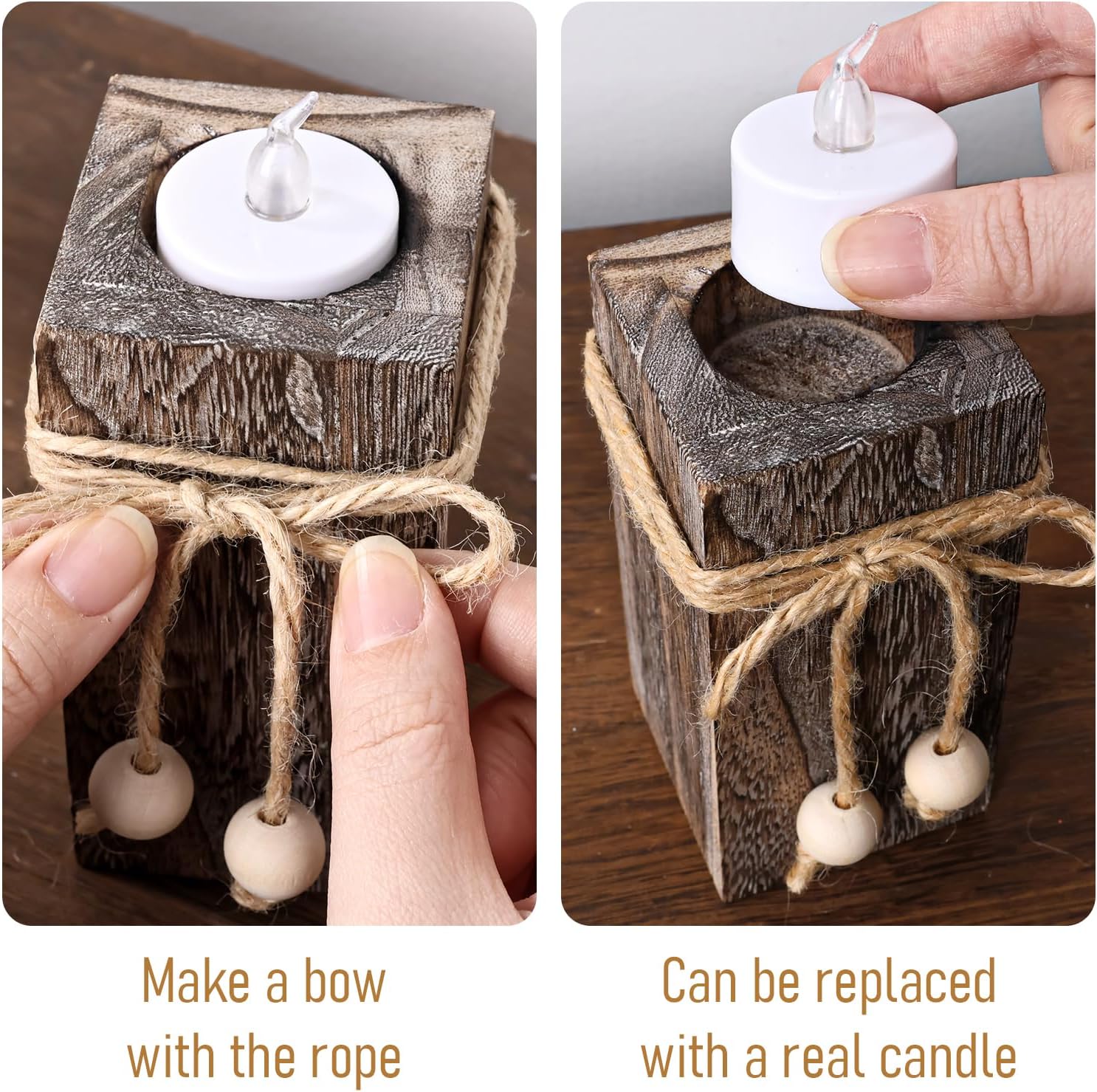 MelonBoat Rustic Wood Candle Holders: Farmhouse Candle Holders with Battery Operated Candles，Rustic Farmhouse Decor, Flameless LED Candles 3-Pack for Living Room Party Holiday Home Decor