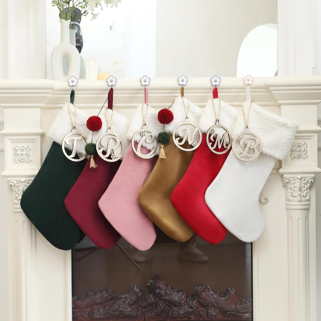 Personalized Gold Wooden Initial Christmas Stocking, 19.5 inches Velvet Christmas Stocking with pom poms,Christmas Decorations for Xmas Fireplace Holiday Party(White A)