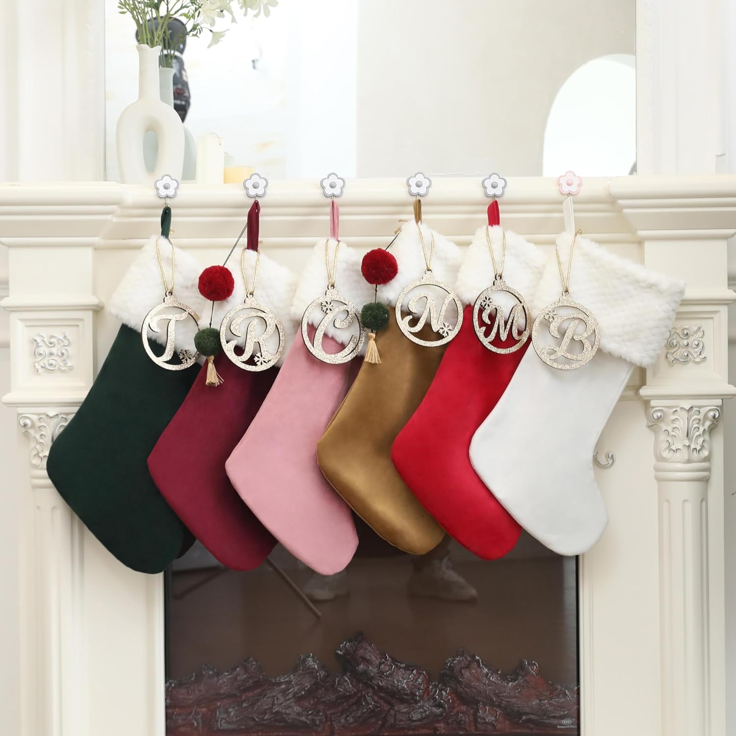 Personalized Gold Wooden Initial Christmas Stocking, 19.5 inches Velvet Christmas Stocking with pom poms,Christmas Decorations for Xmas Fireplace Holiday Party(White A)