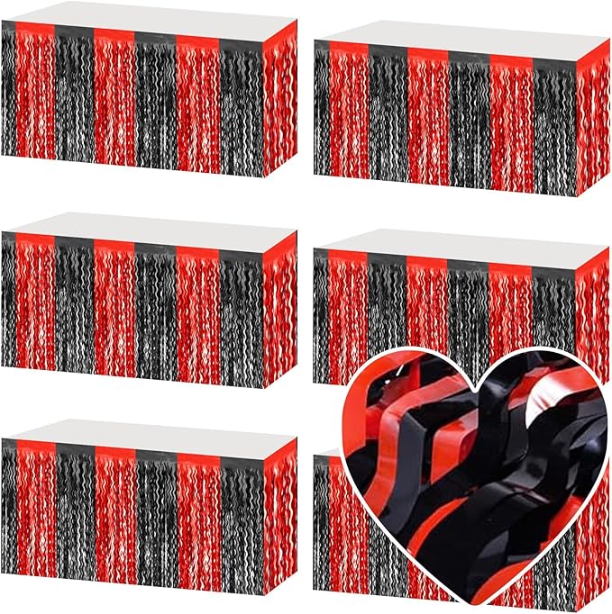 6 Pack 29x108 Inch Black Red Wave Foil Fringe Table Skirts Metallic Banner for Tinsel Streamer Garland Backdrop for Parade Floats Wedding, Mother's Day, Birthday Mardi Gras Party Decorations