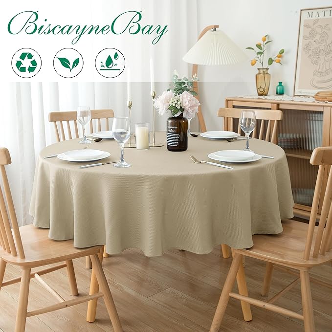 Biscaynebay 2 Pack Textured Fabric Round Tablecloths 60'' for Tables diameters from 28" to 48", Natural Table Cloth Water Resistant Small Folding Table Covers for Dining Kitchen Wedding Parties