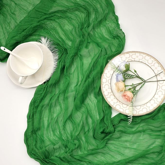 6 Pack Green Cheesecloth Christmas Table Runner 10ft Boho Gauze Fabric Cheese Cloth Table Runner 35 x 120 Inch Rustic Sheer Runner for Romantic Wedding Decor Baby Shower Party Centerpiece Decoration