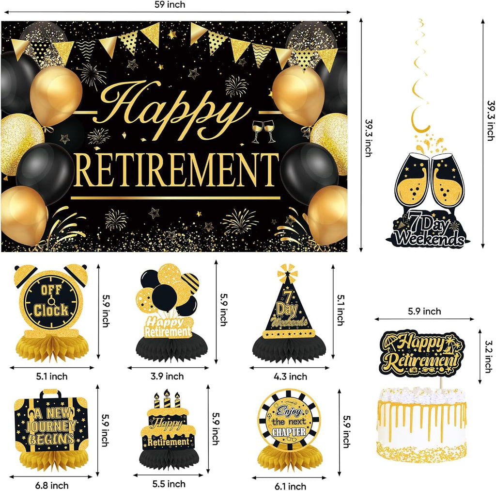 Retirement Party Decorations for Men Women Black Gold Happy Retirement Banner Backdrop Balloons Paper Pompoms Honeycomb Centerpiece Cake Topper Hanging Swirl Set