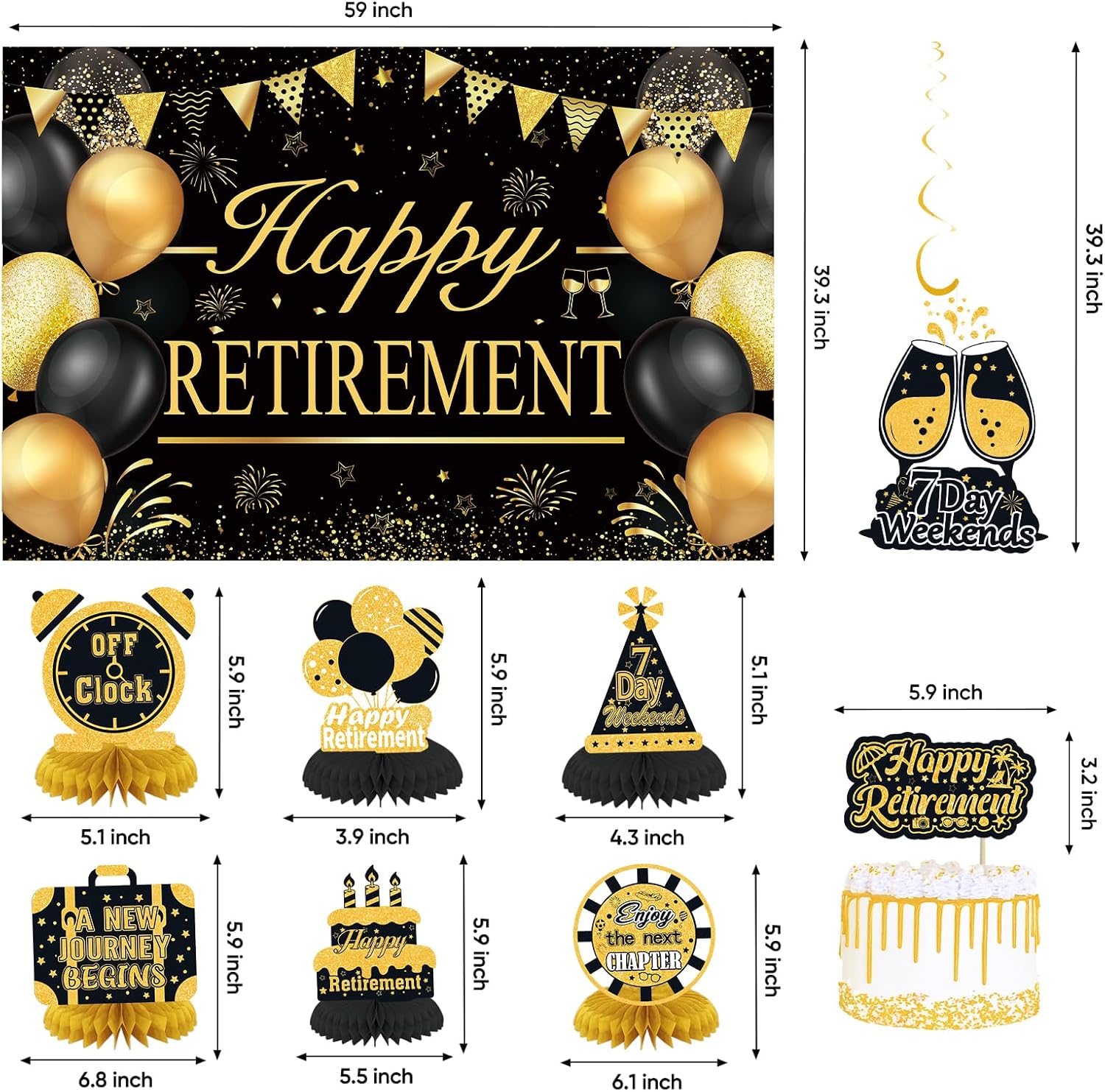 Retirement Party Decorations for Men Women Black Gold Happy Retirement Banner Backdrop Balloons Paper Pompoms Honeycomb Centerpiece Cake Topper Hanging Swirl Set
