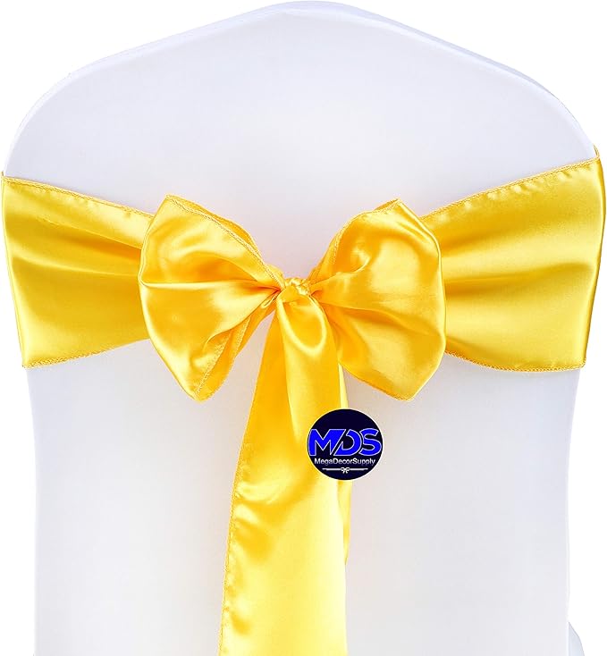 MDS Pack of 300 PCS Satin Chair Sashes Charmeuse Sateen Dining Chair Bows Ribbon Ties Back Sash for Wedding Party Birthday Home Hotel Restaurant Banquet Decoration (7 x 108 Inch, Yellow Gold)