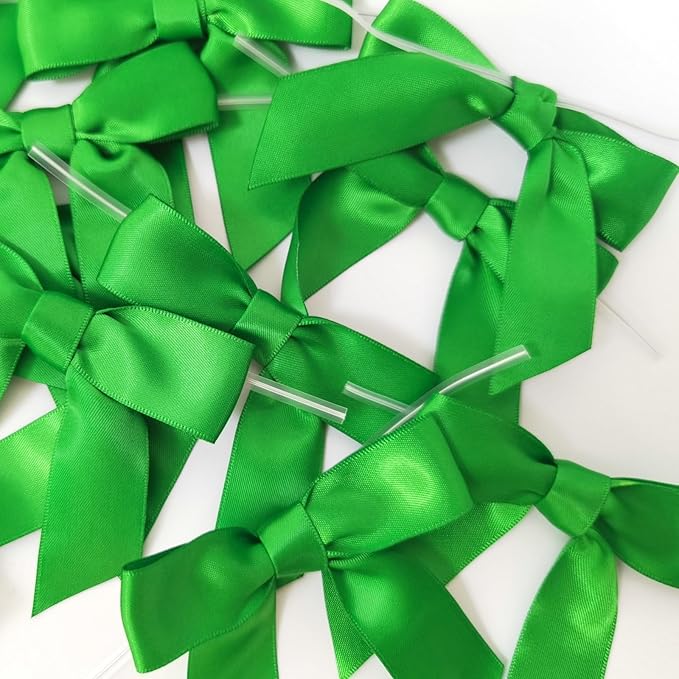 50pcs 3-1/2" Green Satin Ribbon Bows with Twist Ties Giant Bows for Christmas Holiday Gift Packing&Wrapping (Green)