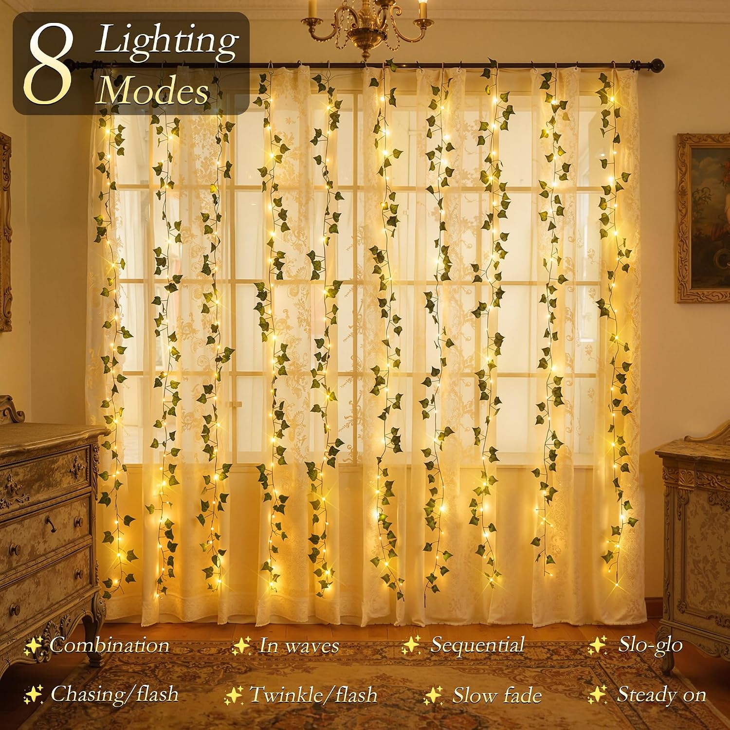 Ivy Vines with Fairy Lights, 200 LED Vine Lights with Remote and 8 Lighting Modes, Ivy Curtain Lights for Bedroom Wall Wedding Party Garden Decor, 6.6ft x 6.6ft