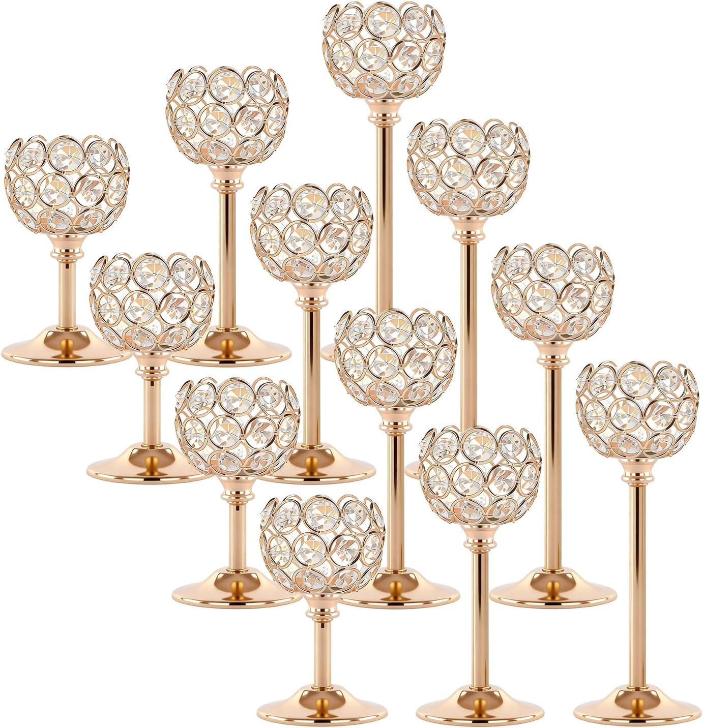 Gold Crystal Candle Holders Candlestick Holders - 4 Sets Tall Bling Bowl Candelabra Centerpieces for Dining Table, Wedding, Party & Fireplace Mantel Decor,12Pcs