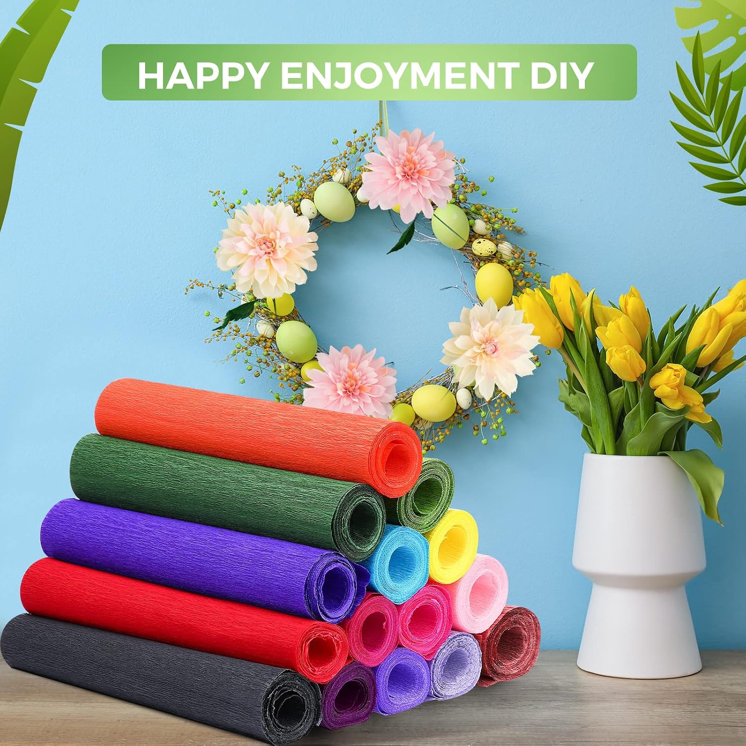 24 Rolls 15 Colors 8 ft Crepe Paper 10 Inch Crepe Paper Streamer with 50 Pcs Green Floral Iron Wire 1 Roll Green Floral Tape for Flower Making Supply Birthday Wedding Festival Ornament(Bright Colors)