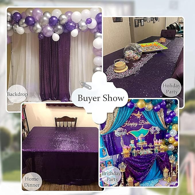 QueenDream Tablecloth 90x156 Rectangle Sequin Tablecloth Purple Wedding Table Linens Glitter Birthday Bridal Party Indoor Outdoor Decorations