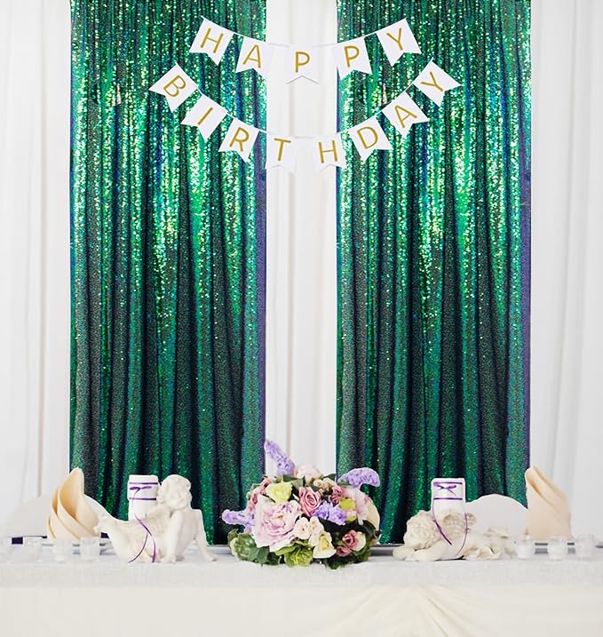 ShiDianYi Iridescent Green Sequin Backdrops for Photograph Backdrop 4FTx10FT 2 Panels Birthday Background Glitter Curtains Green Blue Curtain Sequin Fabric Christamas Decor