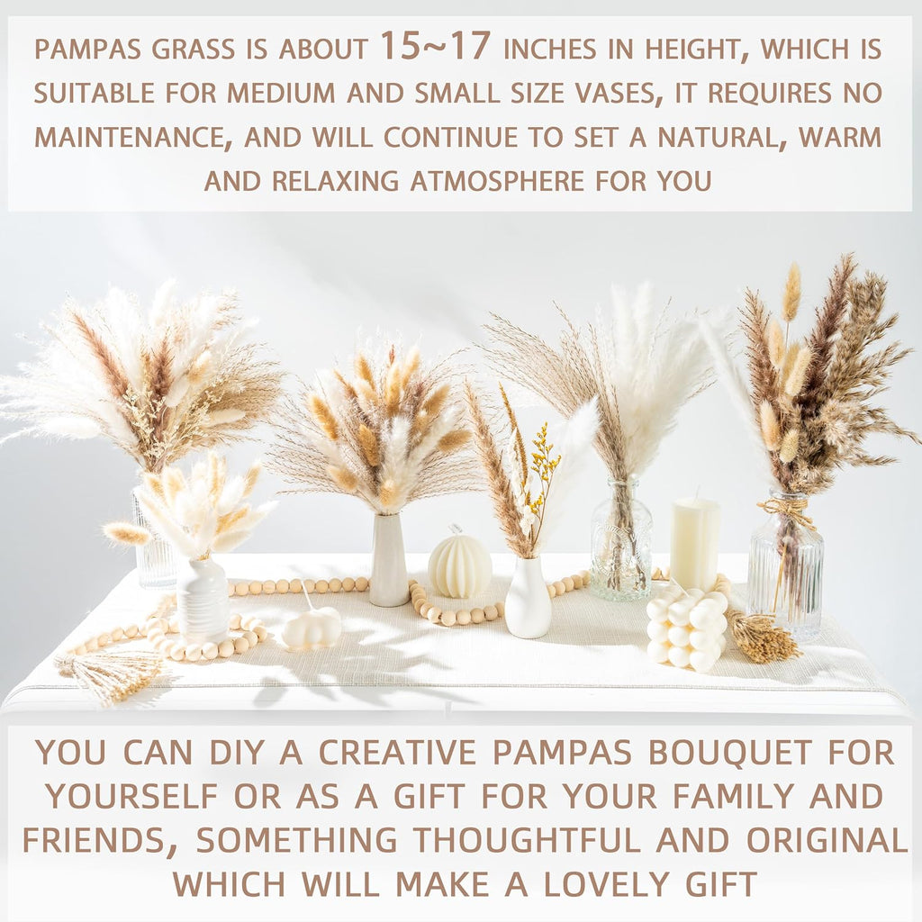 96PCS Natural Dried Pampas Grass Boho Home Decor Bouquet Phragmites Dried Flowers Bouquet for Wedding Floral Arrangements Living Room Decorations (96PCS)