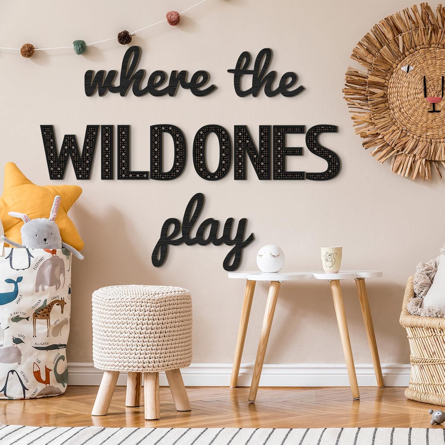 Beeveer Where the Wild Ones Play Nursery Sign Wooden Playroom Wall Decor Playroom Decoration Word Play Room Sign for Wall Plaques 11 Pcs(23 Inch,Black)