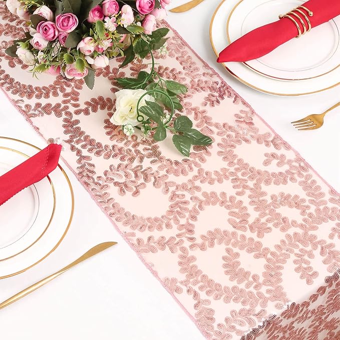 Sequin Table Runners 5 Pieces Rose Gold Flower Table Runners 12x72 Inch Glitter Dining Table Cover for Party Wedding Birthday Reception Banquet Decoration Spring Party Chair Sashes