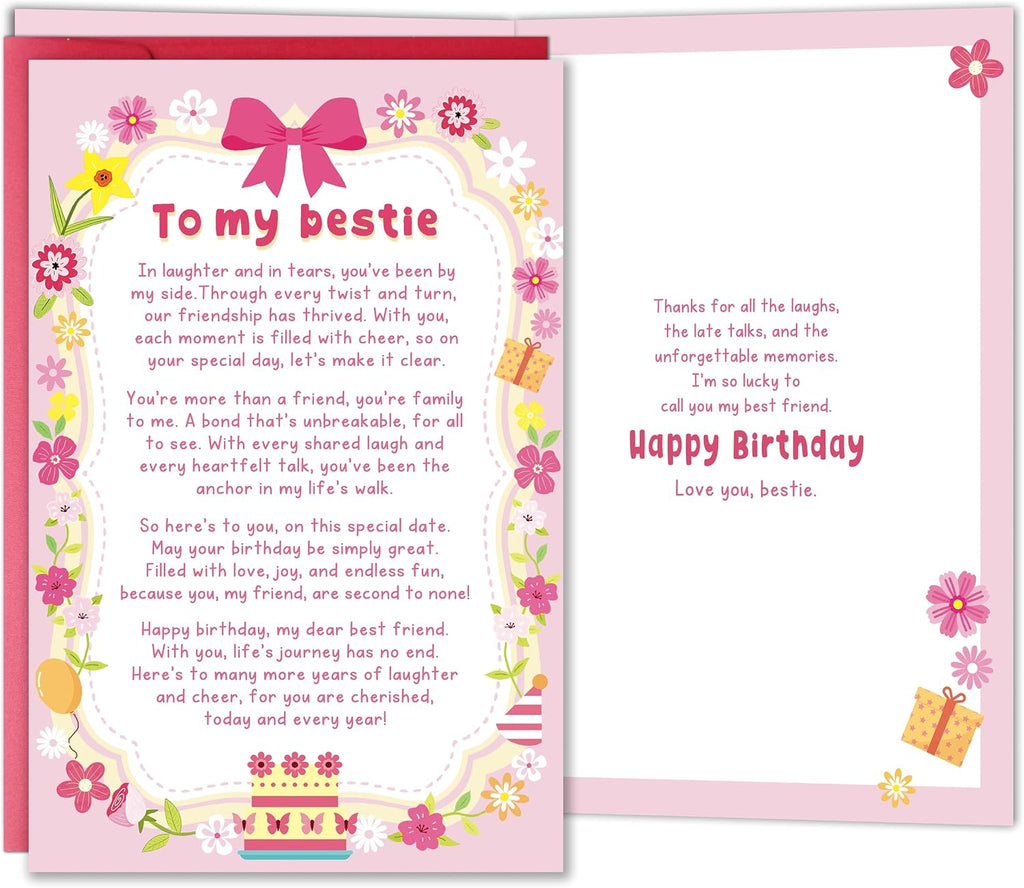 Poem Birthday Card for Bestie, Heartfelt Happy Birthday Card Gift for Bestie Best Friend BFF Closest Friend, Friendship Cards for Her, Thank You Gift
